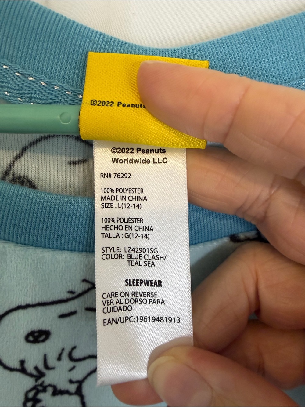 3/$20 Peanuts Light Blue Snoopy & Woodstock Print Long Sleeve Fleece Pajama Top - Picture 4 of 4